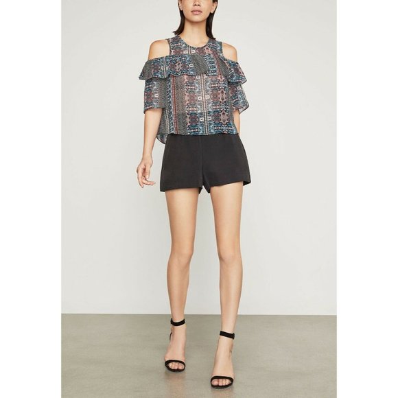 NWT $140 BCBG Max Azria Patchwork Cold Shoulder Crop Top Blouse SizeS Ruffles - Picture 11 of 12